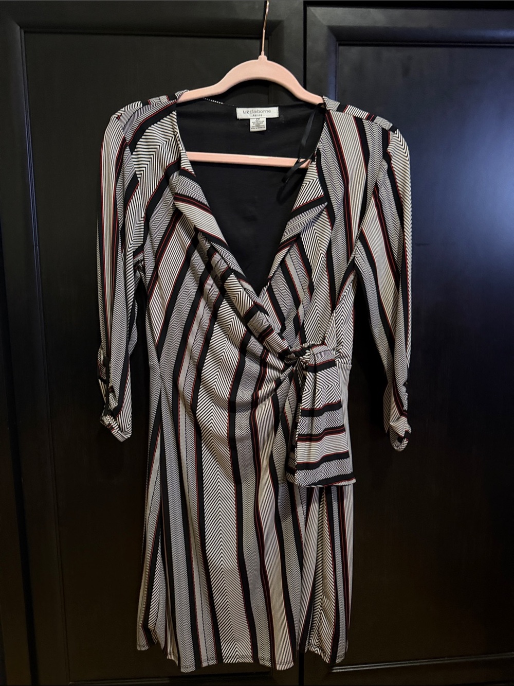 Liz Claiborne Black, White & Burgundy Striped Midi Wrap Dress